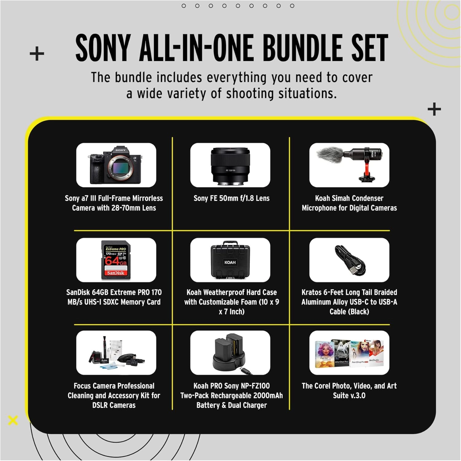 a7 III + FE 50mm f/1.8 + Condenser Microphone + SDXC Memory Card + Hard Case + USB-C to USB-A Cable + Cleaning and Accessory Kit + NP-FZ100 Battery + Photo, Video, and Art Suite v.3.0