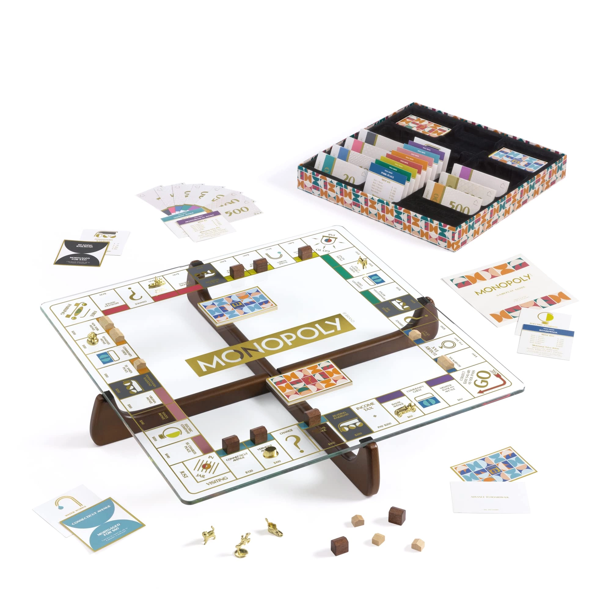 WS Game Company Monopoly Prisma Glass Edition - Tempered-glass board Walnut-stained wood base