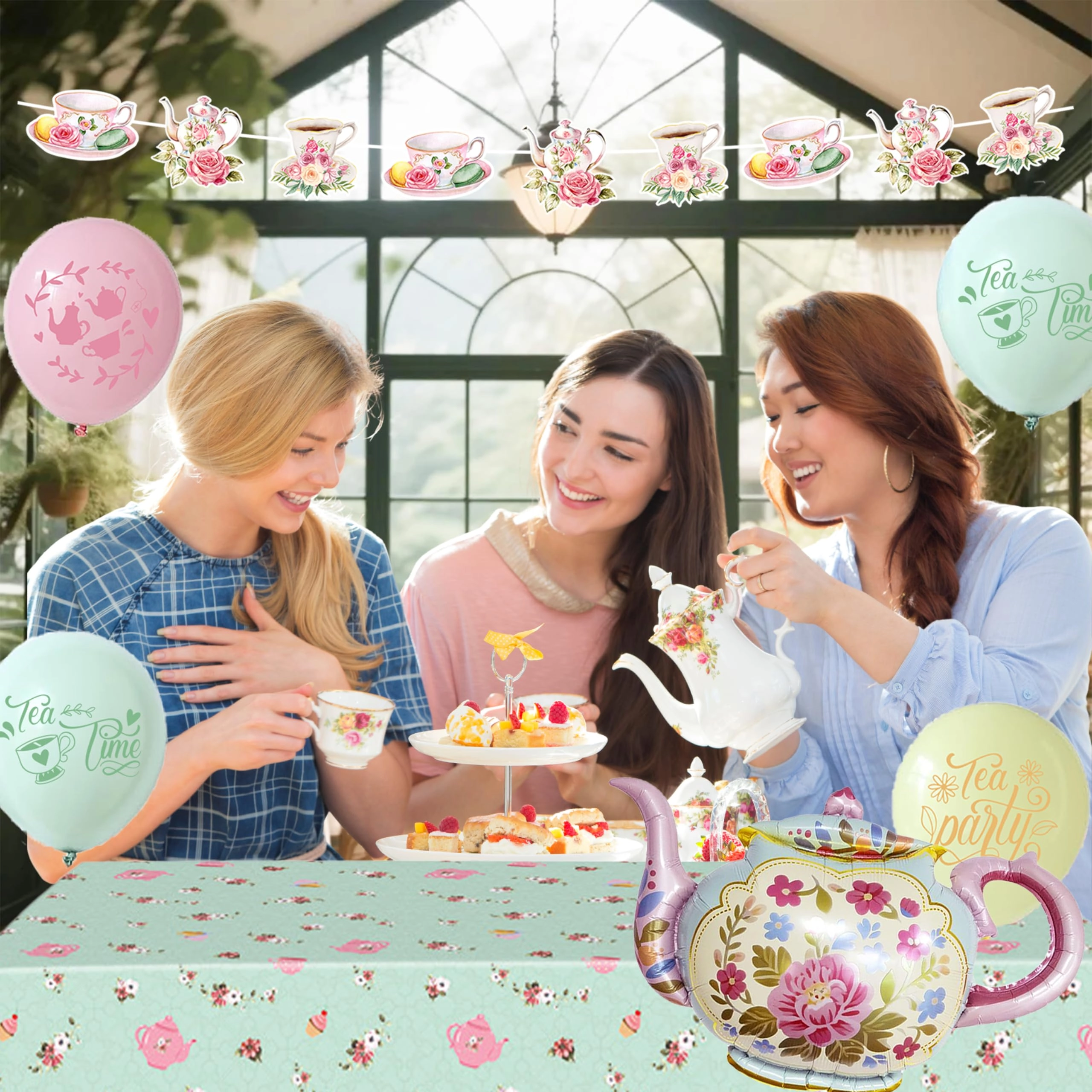 Tea Party Decorations - 1 “Let’s Partea” backdrop 1 teapot foil balloon 1 teacup banner 1 floral teapot tablecloth 18 pastel balloons Birthday