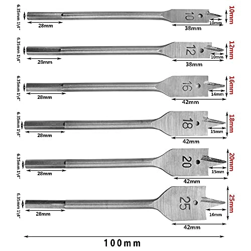 Spade Drill Bit Set - Carbon Steel 6pcs 10 mm 12mm 16mm 18mm 20mm 25mm