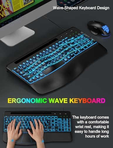 Ergonomic Backlit Computer Keyboard - Wired