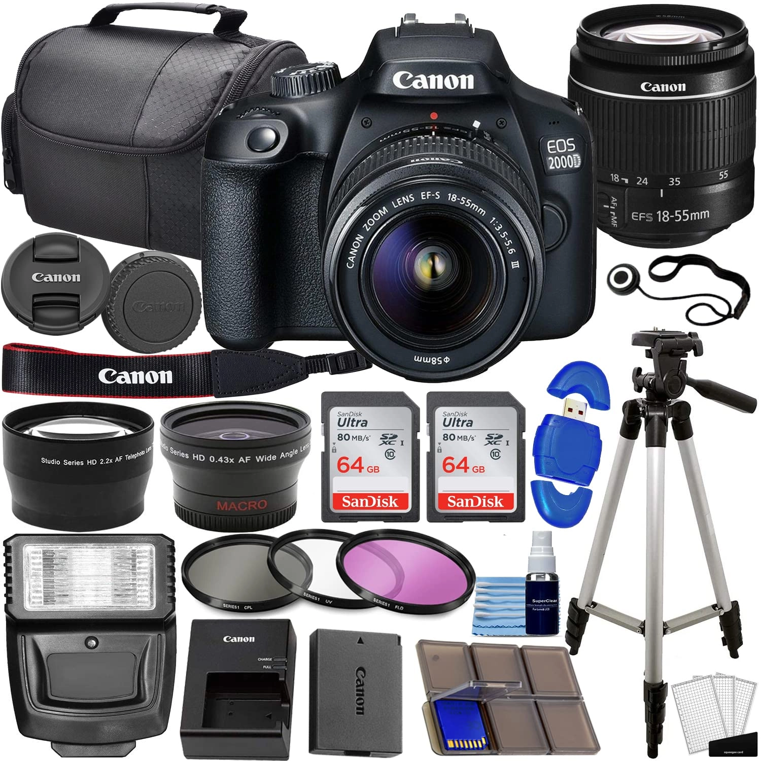 Canon Cameras Inc. (Renewed) EOS 2000D + 18-55mm + Wide-angle + Telephoto + 128GB