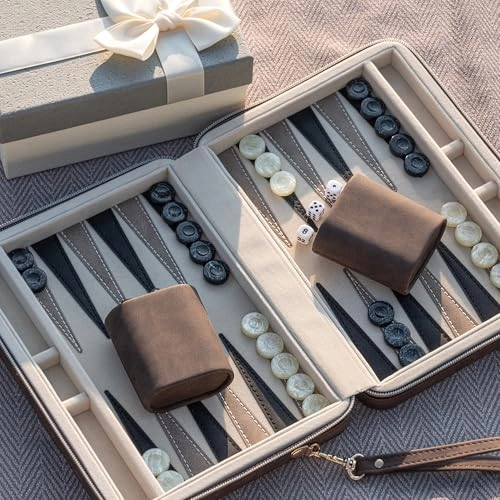 Backgammon Set - Foldable Leather Backgammon Case 30 Artificial Horn Checkers