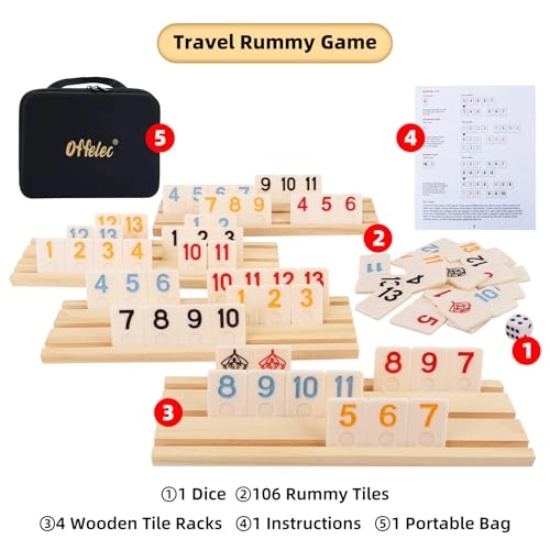 Rummy Cube Game Set - 106 Tiles 4 Wooden Trays Portable Case