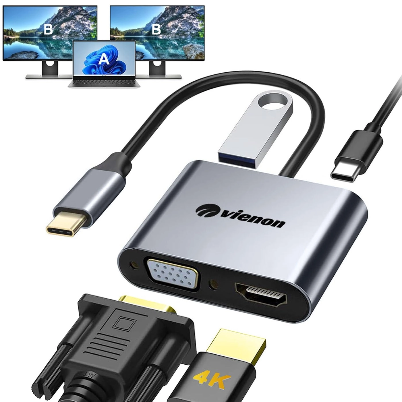 USB C to HDMI VGA Adapter - 4 IN 1 100W PD USB 3.0