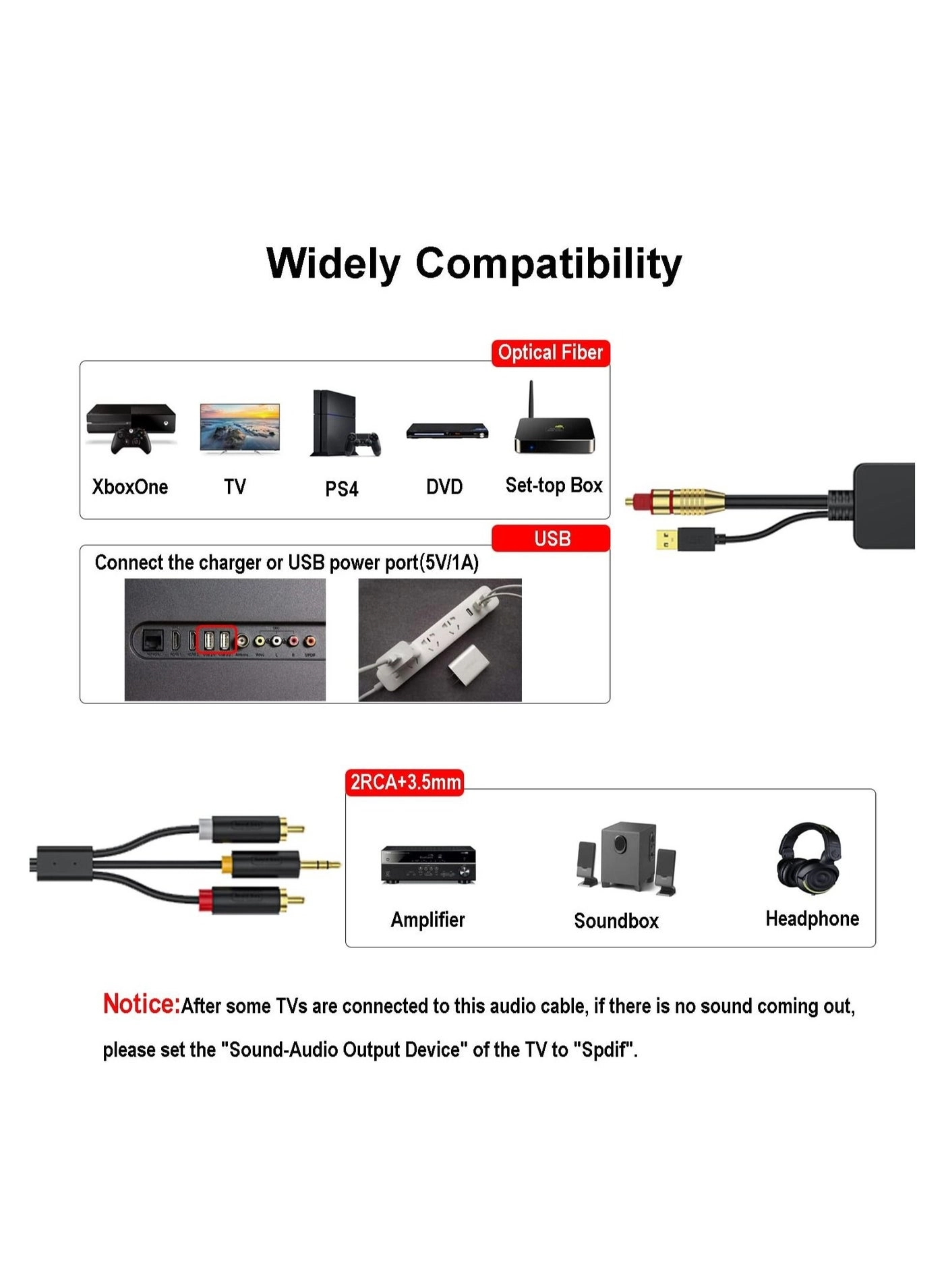 Digital Fiber Optical to Analog 2RCA +3.5mm Jack Stereo Audio Cable - 3 meters