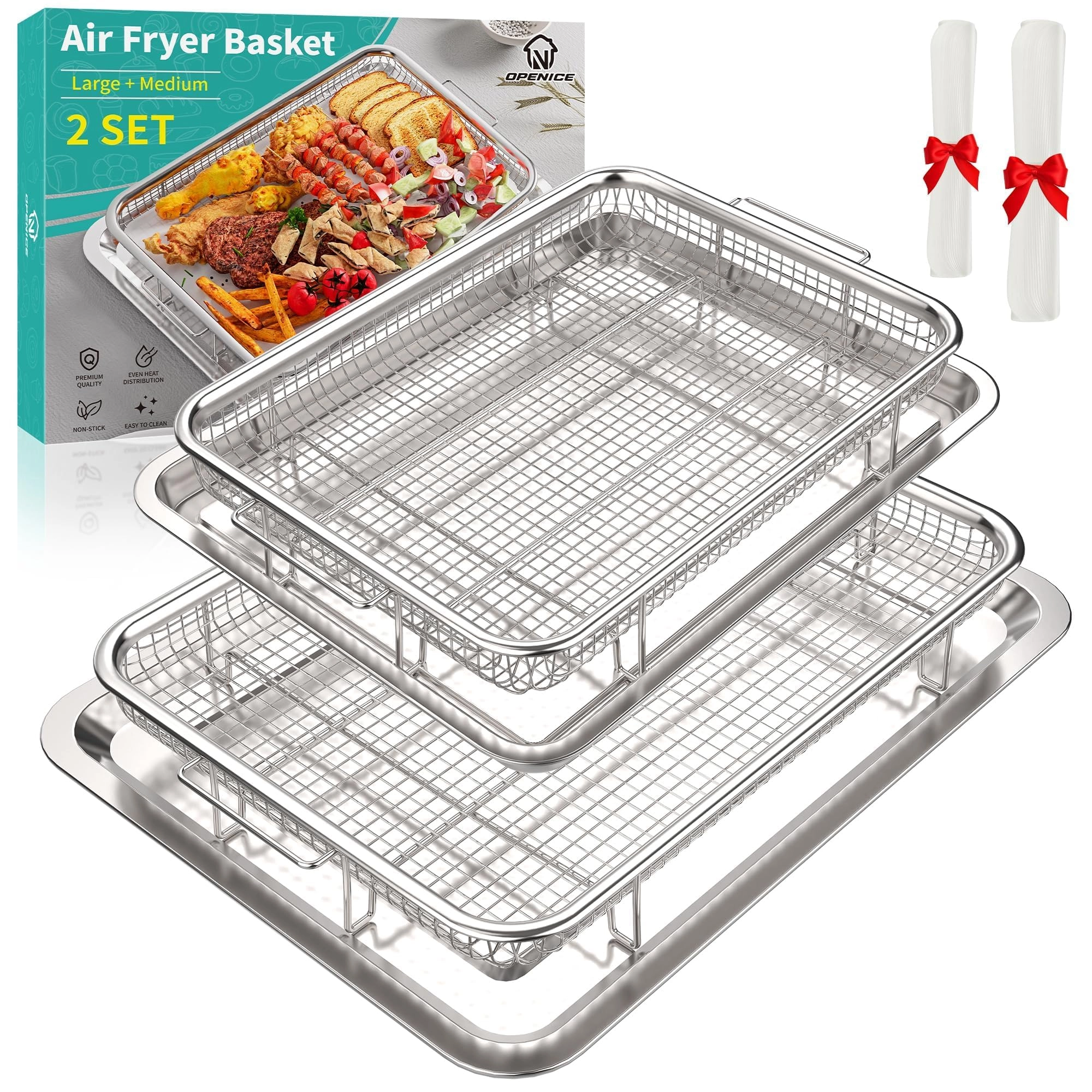 OPENICE Air Fryer Basket - Stainless Steel 2 Set + Air Fryer Pan + Crisper Tray