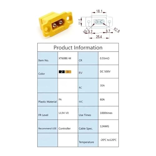 XT60BE - 1 Piece Male Connector