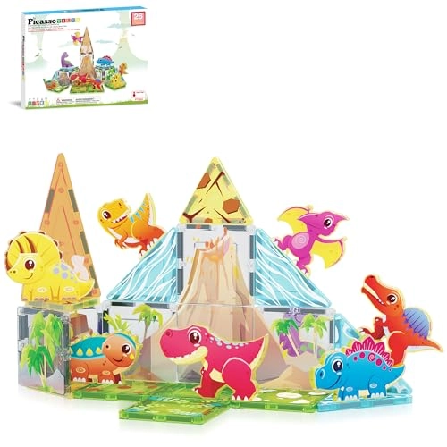 Magnet Tile Building Blocks - 8 Animal Character Action Figures Dinosaur World Themed 26 pcs