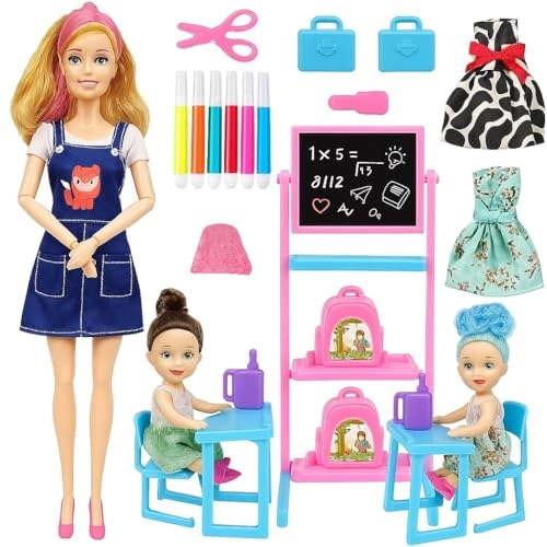 Teacher Doll - Folding Hands + Baby Dolls - 2 + Study Table - 2 + Study Board - 1 Ages 3+