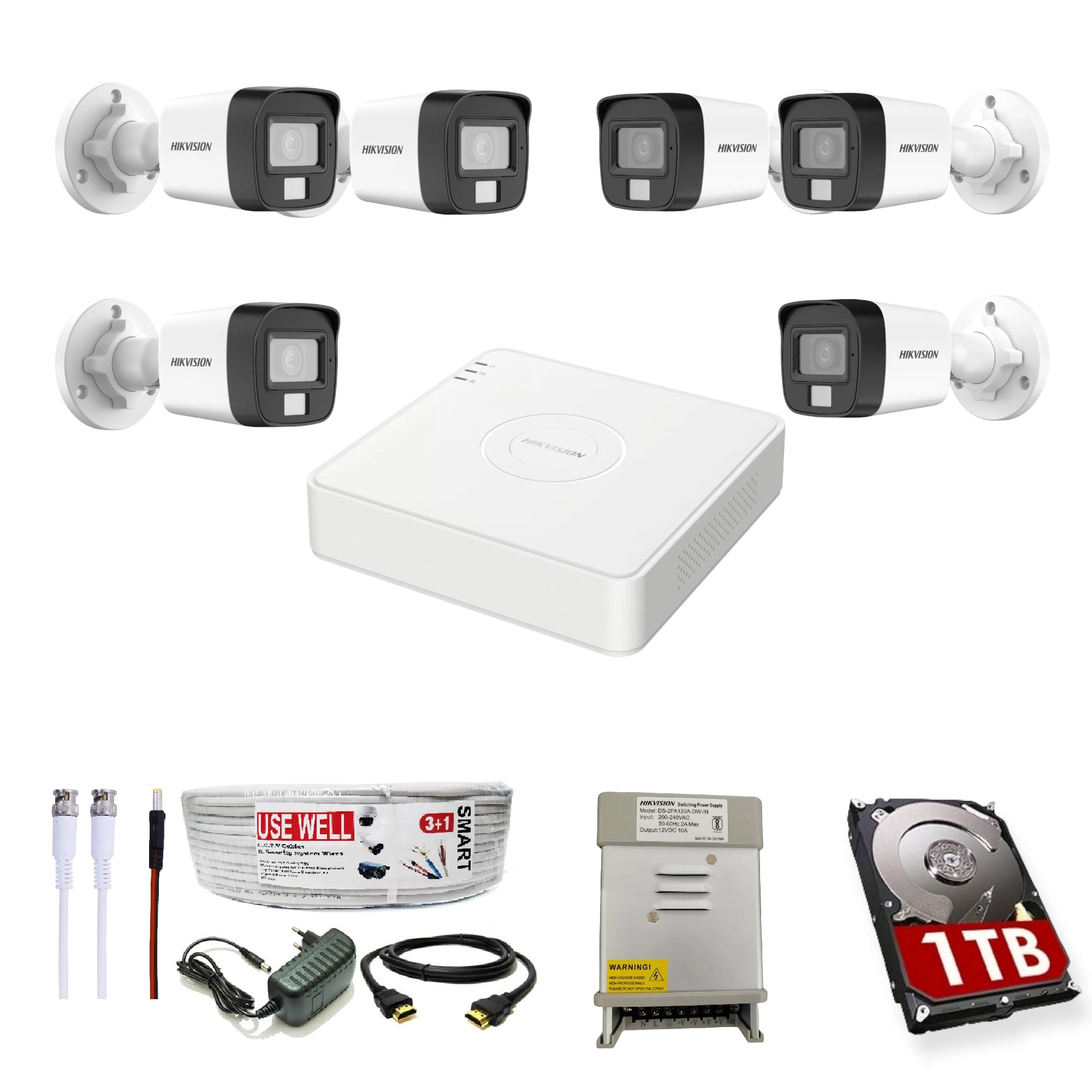 Prama Hikvision India Pvt.Ltd 8CH DVR + 2MP Dome Camera + 2MP Bullet Camera + 1TB HDD + Coaxial Cable Roll + 8Ch SMPS
