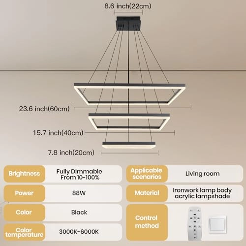 Modern LED 3-Square Chandelier - 3000K-6000K Dimmable