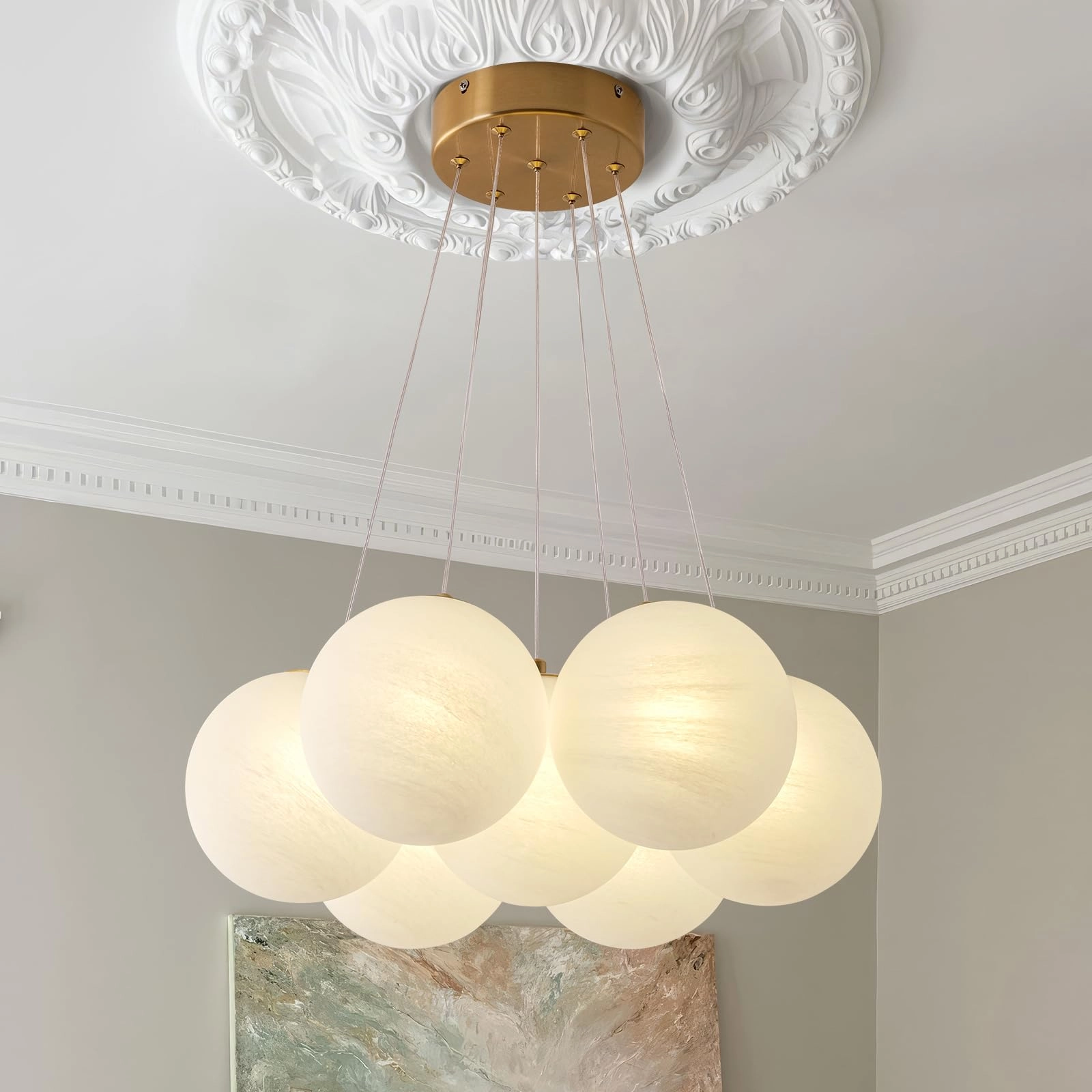 Boho Caged Milk glass bubble chandelier - 70.87inch