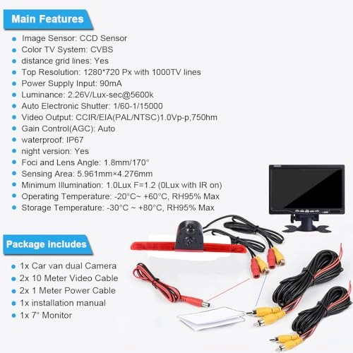 HD IP68 Rear View Camera - Night vision 1280x 720 pixels + 7'' Monitor