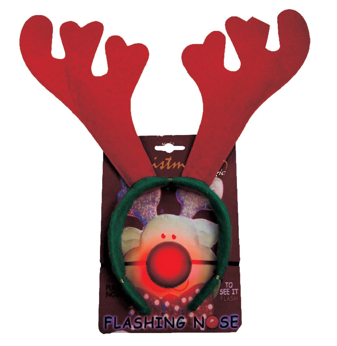 Party Zone Tiara Antlers With Flashing Nose - Red