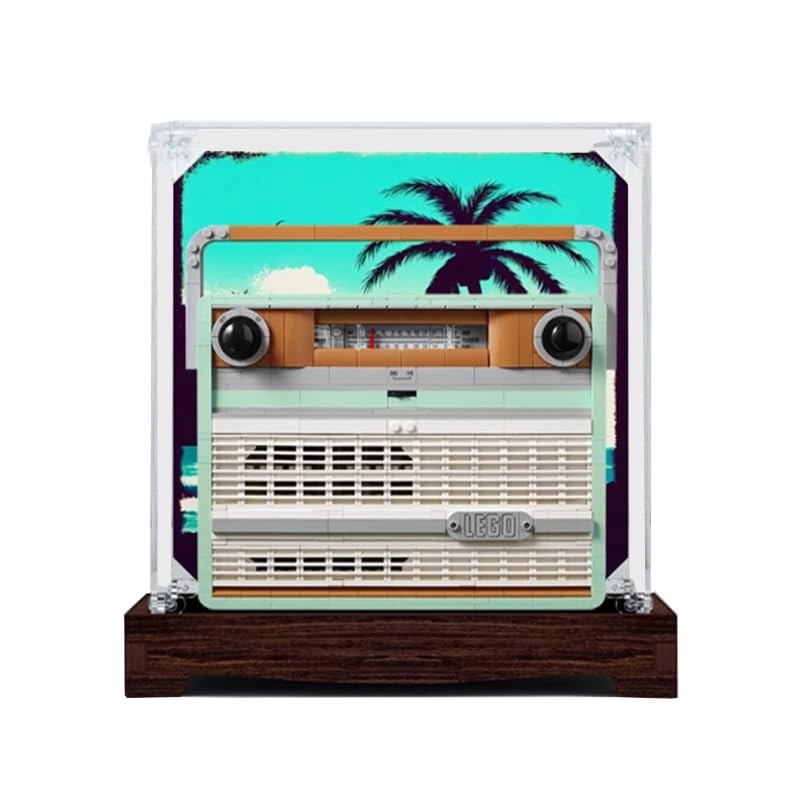 HCAEIOFJ Clear Acrylic Display Case for Lego Icons 10334 - 25x15x30cm Acrylic Walnut Bottom+background