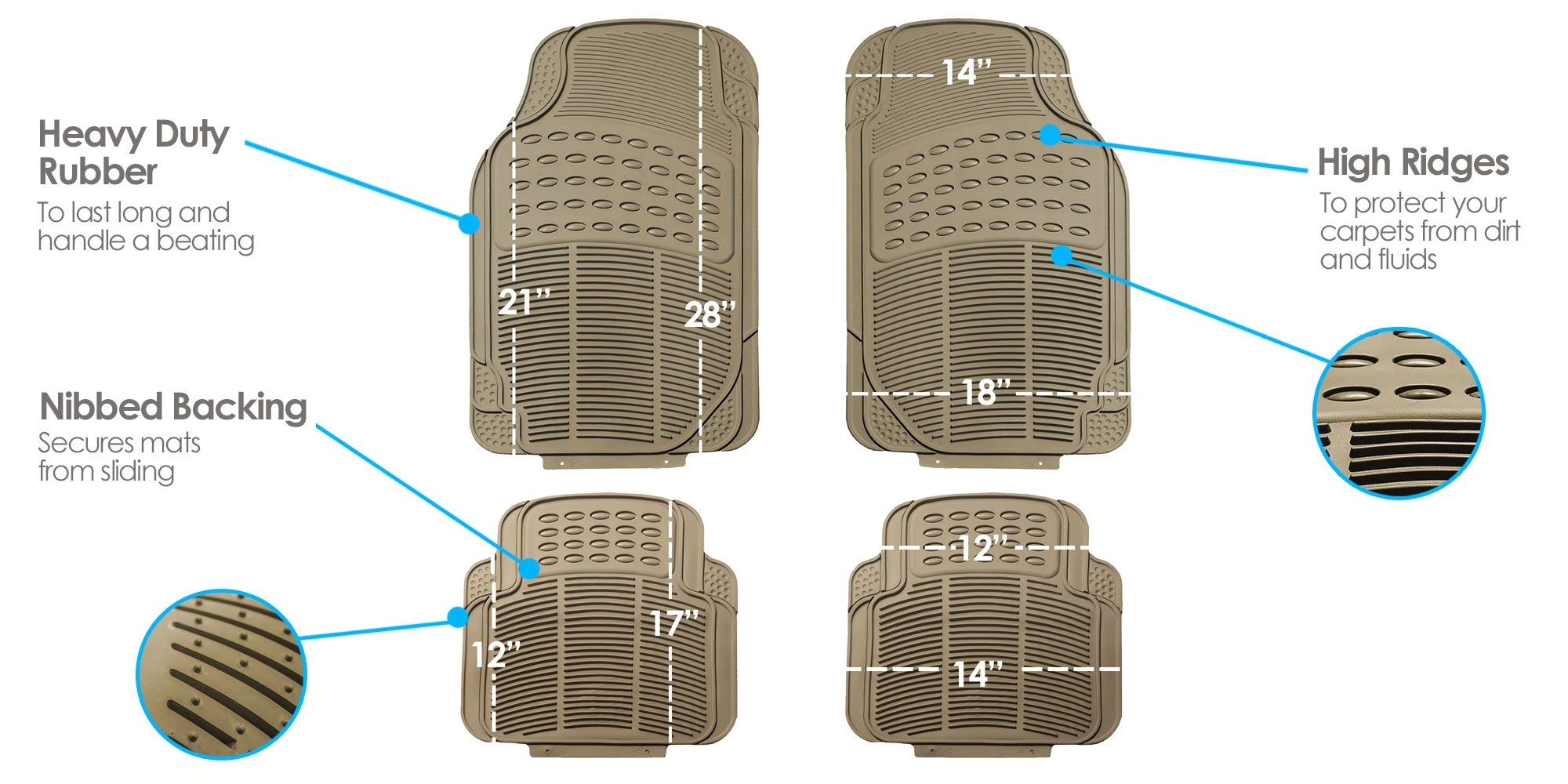 Automotive Floor Mats - Heavy-Duty Rubber Universal Fit Beige