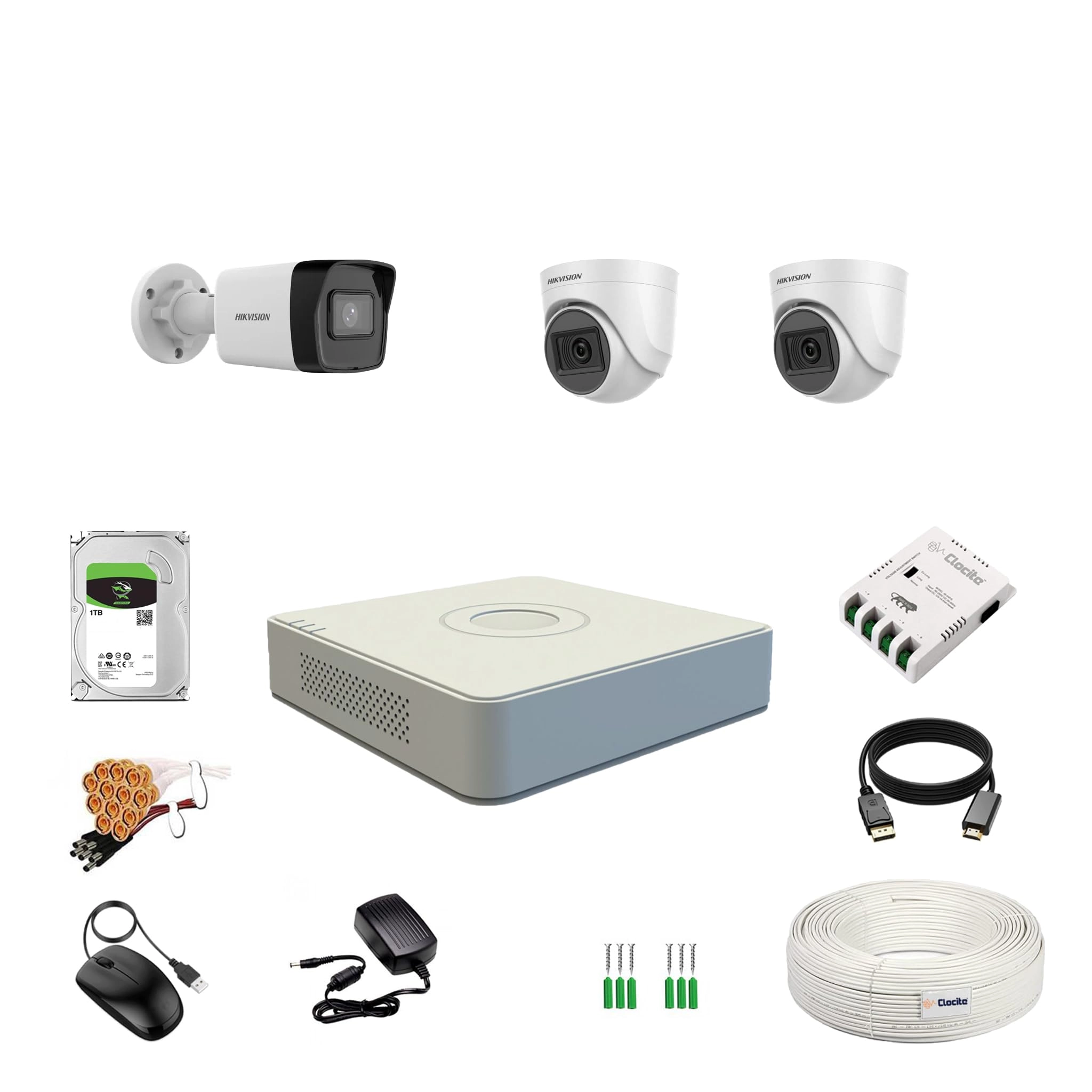 Prama Hikvision India Pvt.Ltd DVR - 4CH + Dome Camera - 2MP + Bullet Camera - 2MP + HDD - 1TB + CCTV Cable + 4Ch SMPS