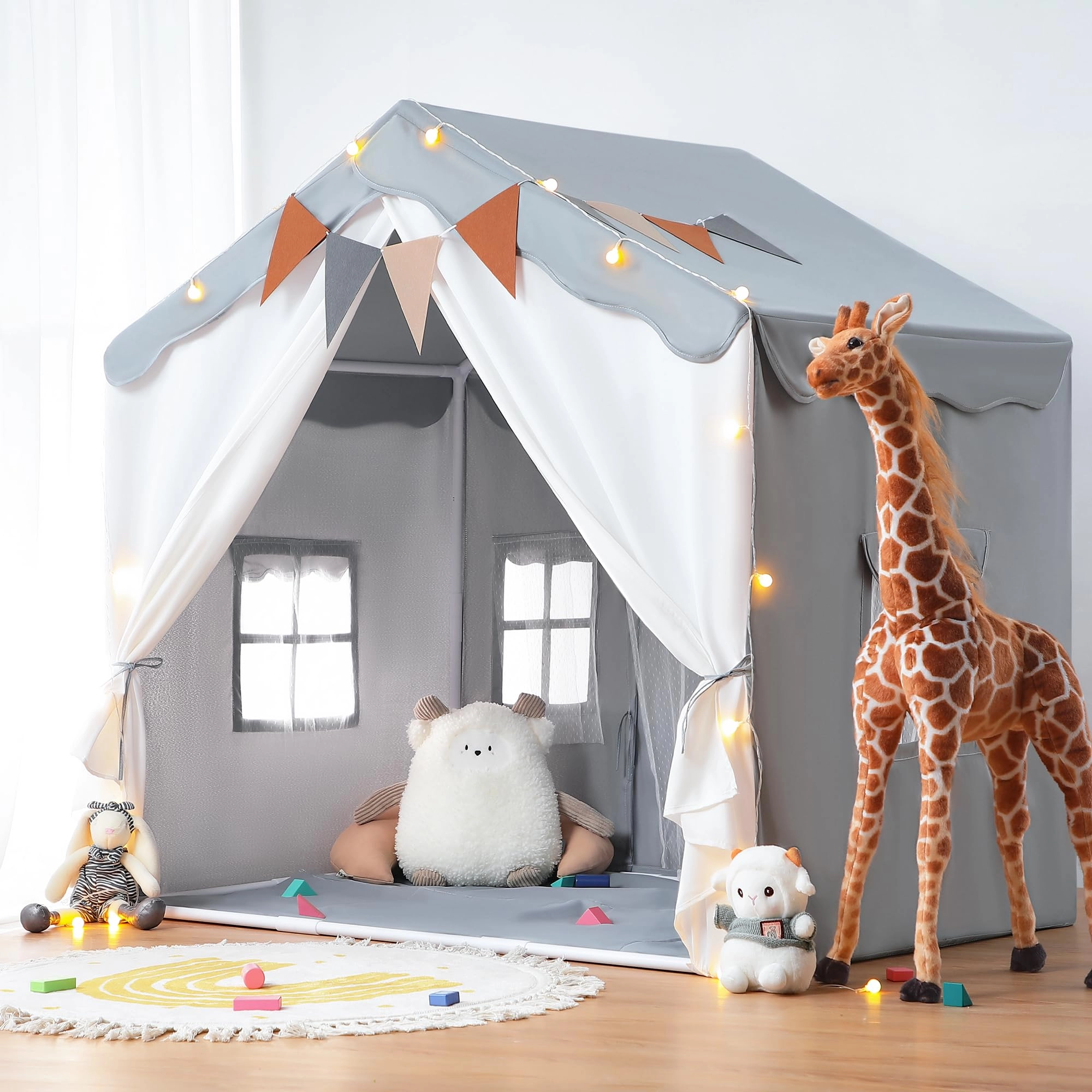 2-in-1 Kids Play House Tent - 130 cm x 89 cm x 130 cm Brown
