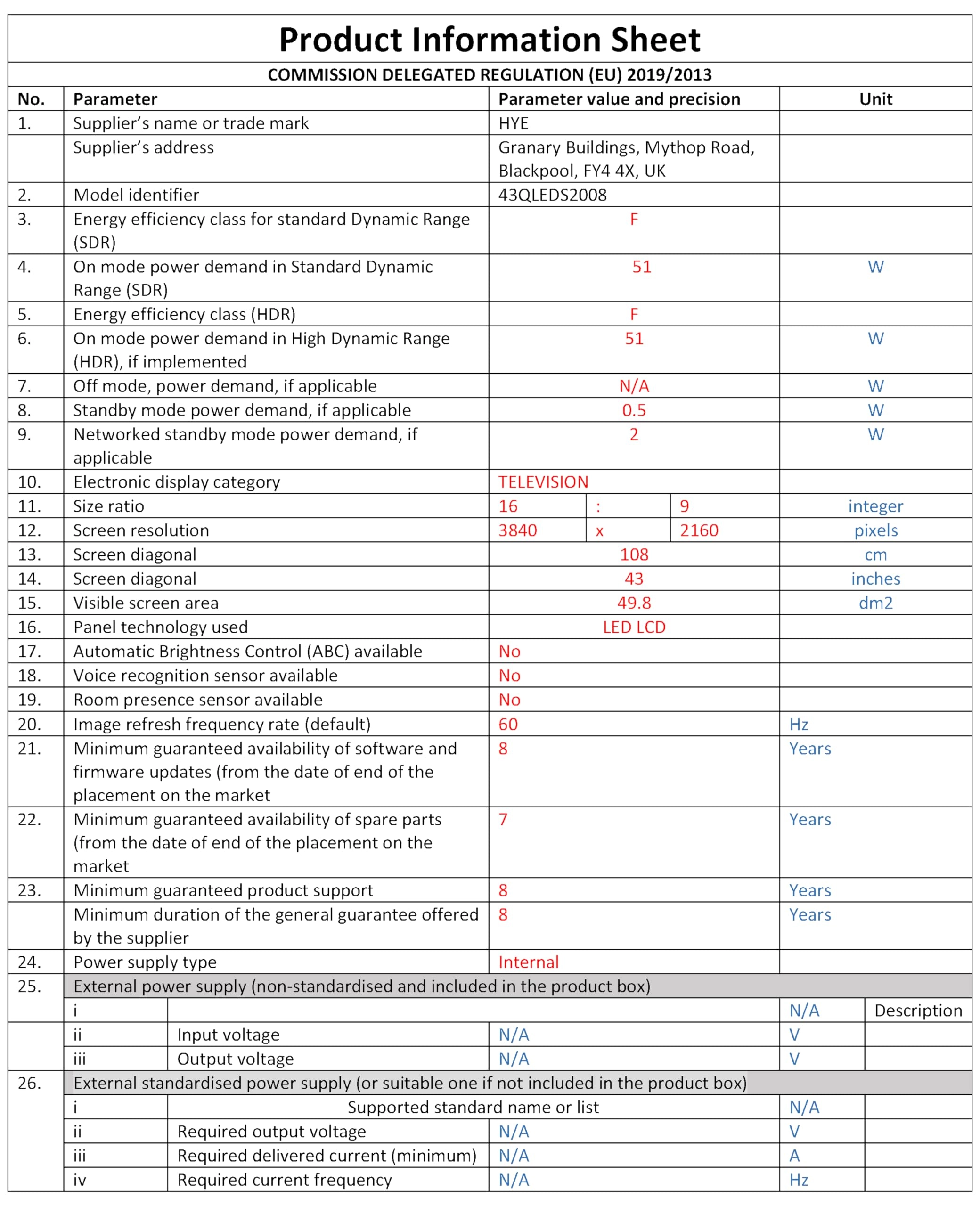 43QLEDS2008E - 43 inches