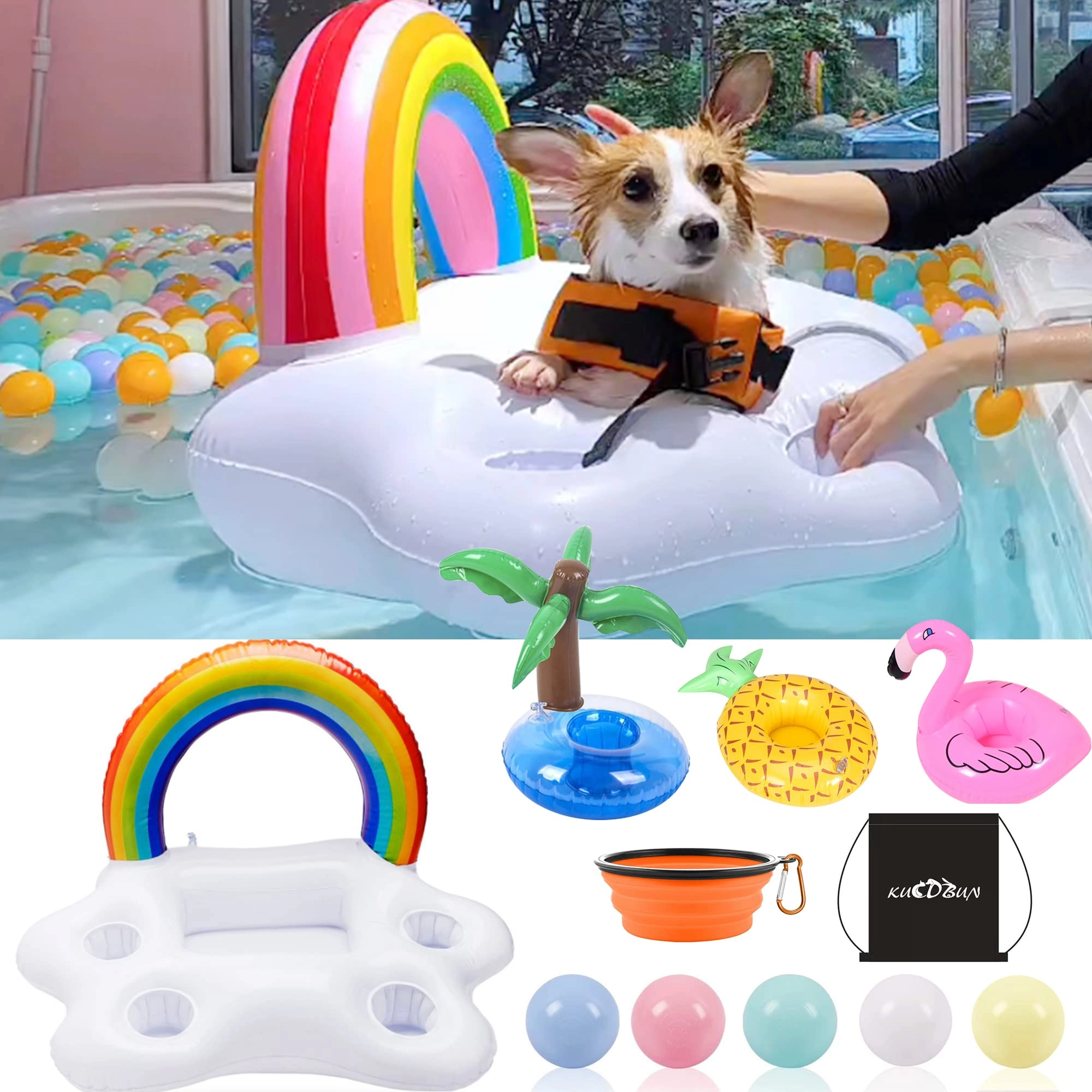KUCDBUN Rainbow Cloud Dog Inflatable Pool Float Holder + Coconut Tree Inflatable Drink Holder + Pineapple Pool Drink Float + Flamingo Inflatable Drink Holder + Collapsible Dog Bowl + Bright Colors Ball Pit + Carry Bag