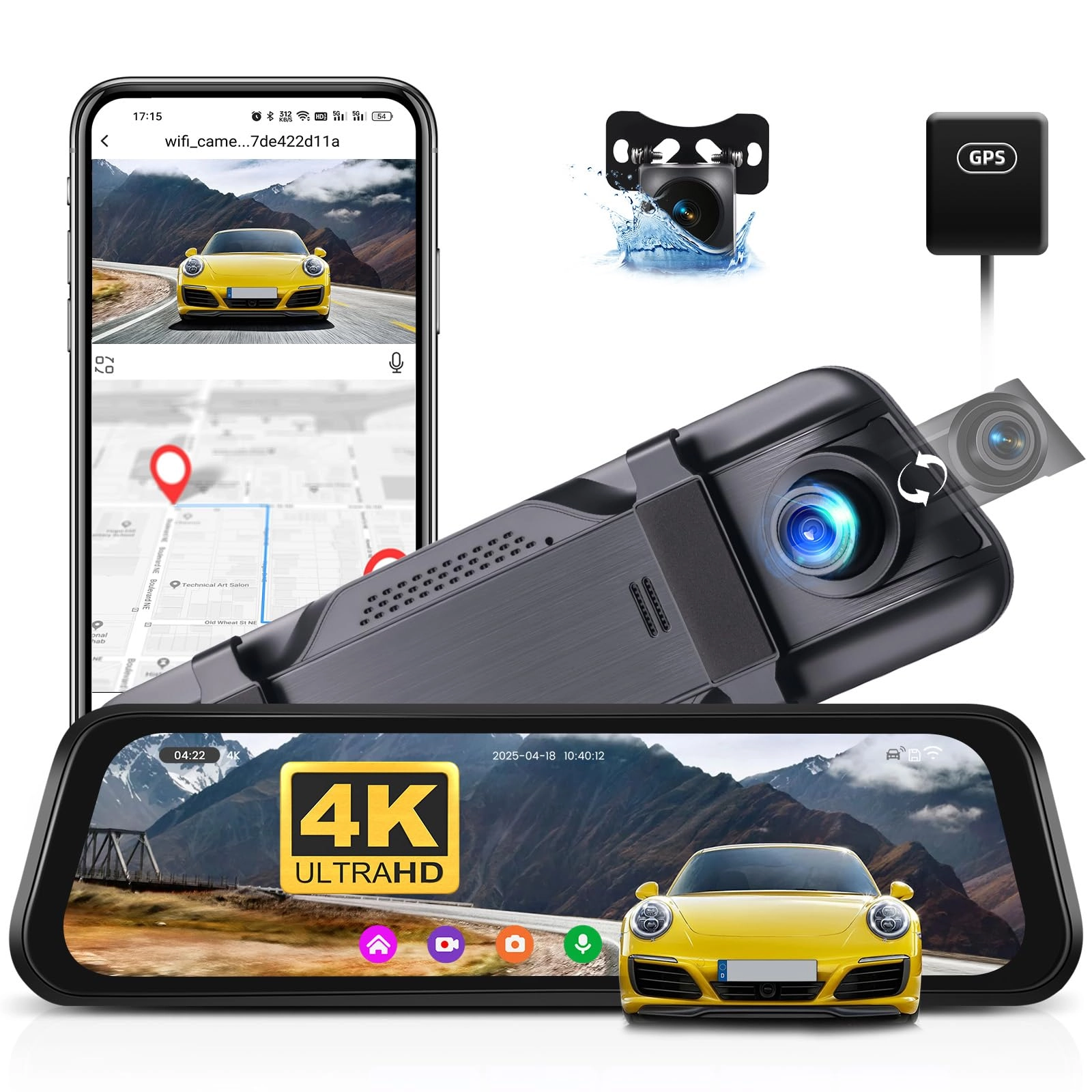 CAMECHO 9.66 Inch Mirror Dashcam - 4K 25FPS