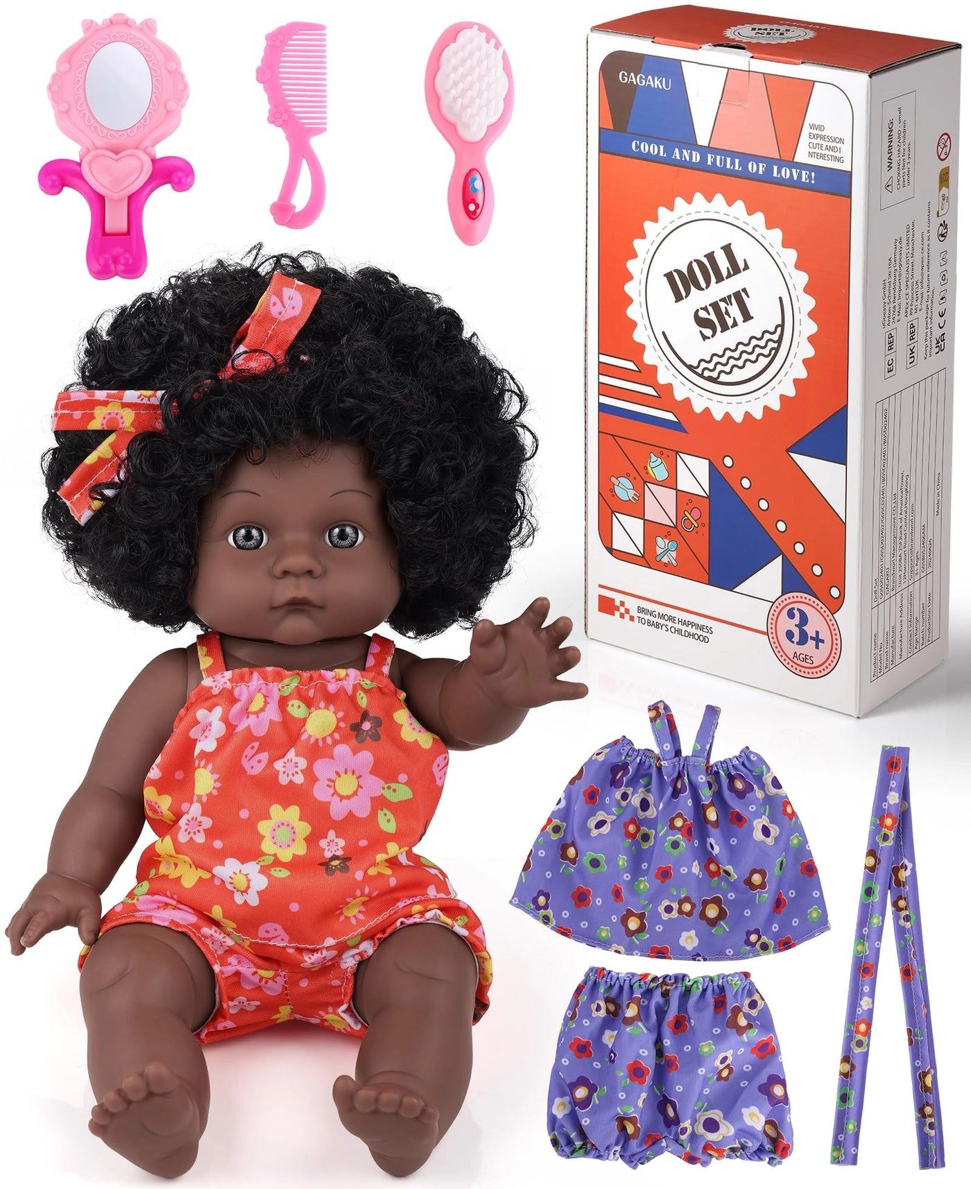 Baby Doll - 12 inch vinyl PVC Black Curly Hair 2 outfits Ages 3+