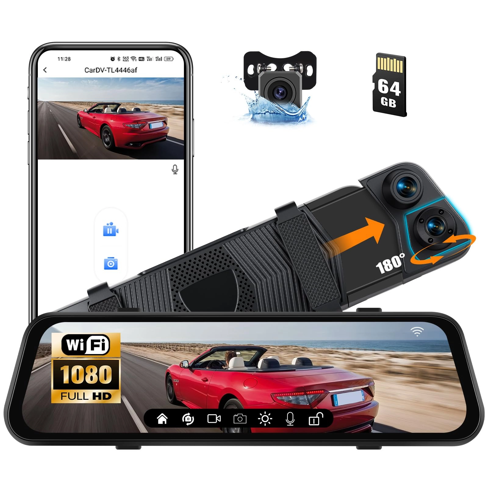 CAMECHO 9.66 Inch Mirror Dash Cam - 1080P