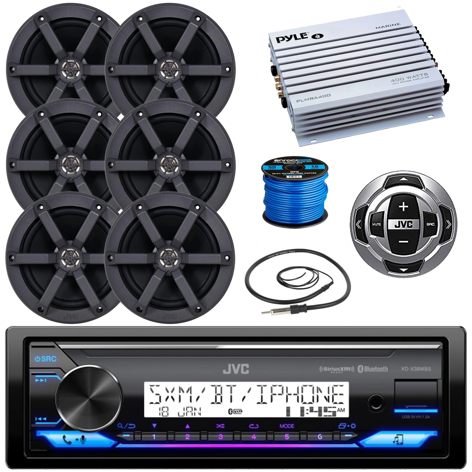 Enrock JVC Pyle KD-X38MBS + EM265B - 6.5" 180 Watt + RM-RK62M + PLMRA400