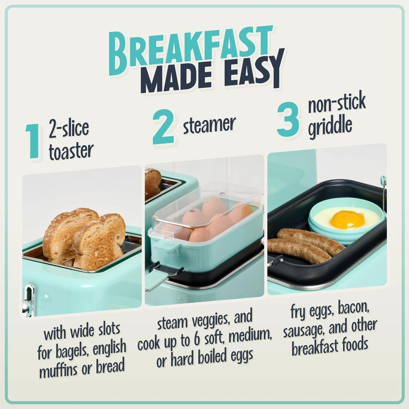 Egg and Veggie Steamer + Non-Stick Griddle + Wide 2-Slot Toaster