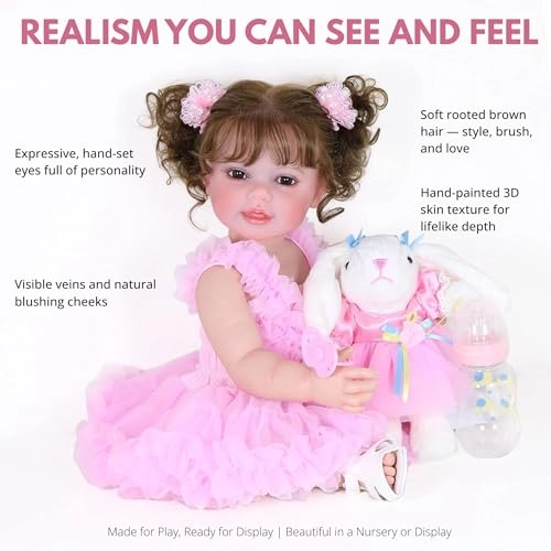 Reborn Toddler Doll - 22 inch Soft full vinyl Warm Medium skin tone Rooted Hair Pink princess outfit Ages 14+