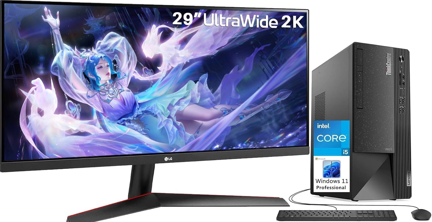 LG 29'' UltraWide 21:9 2K IPS Computer Monitor - 2560 x 1080 29 Inches + ThinkCentre Neo Desktop - Intel Core i5-12400 64GB 2TB SSD 2TB HDD