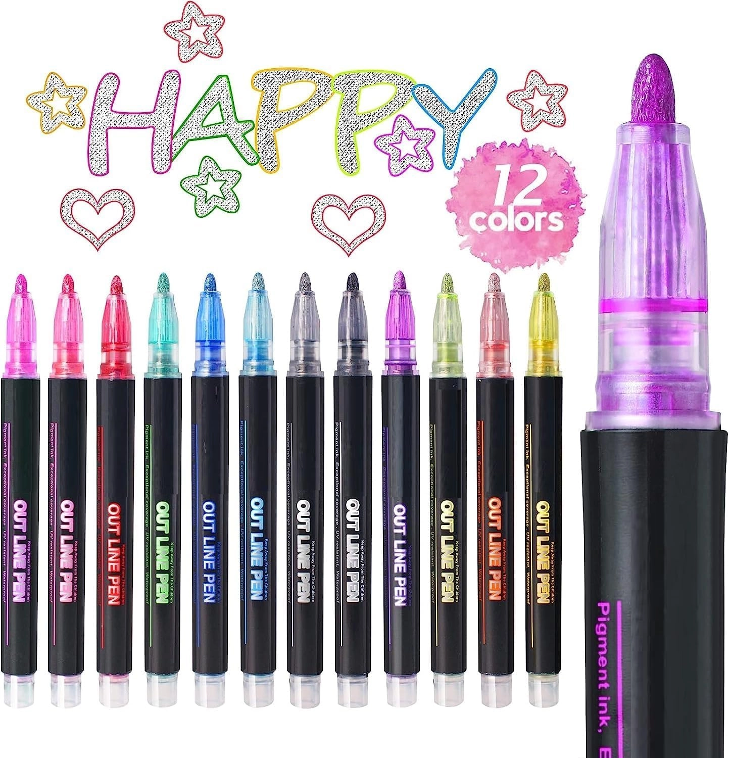 VIVITO Double Line Outline Marker Pen Set - Multicolor (12 Glitter Metallic Colors) Chisel