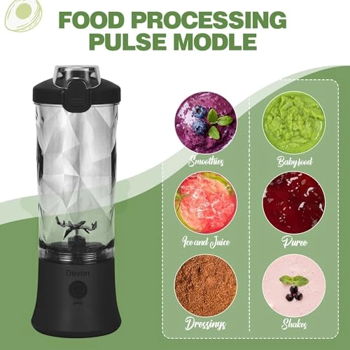 Portable Blender - USB Rechargeable Waterproof BPA-Free Cup Travel Lid Black