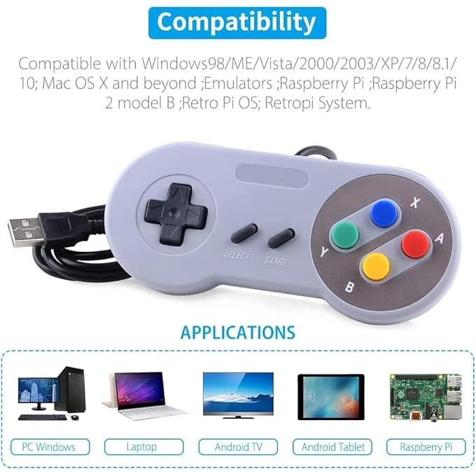 Retro N64 Controller - BLUE/RED Windows PC Mac Raspberry Pi Pack