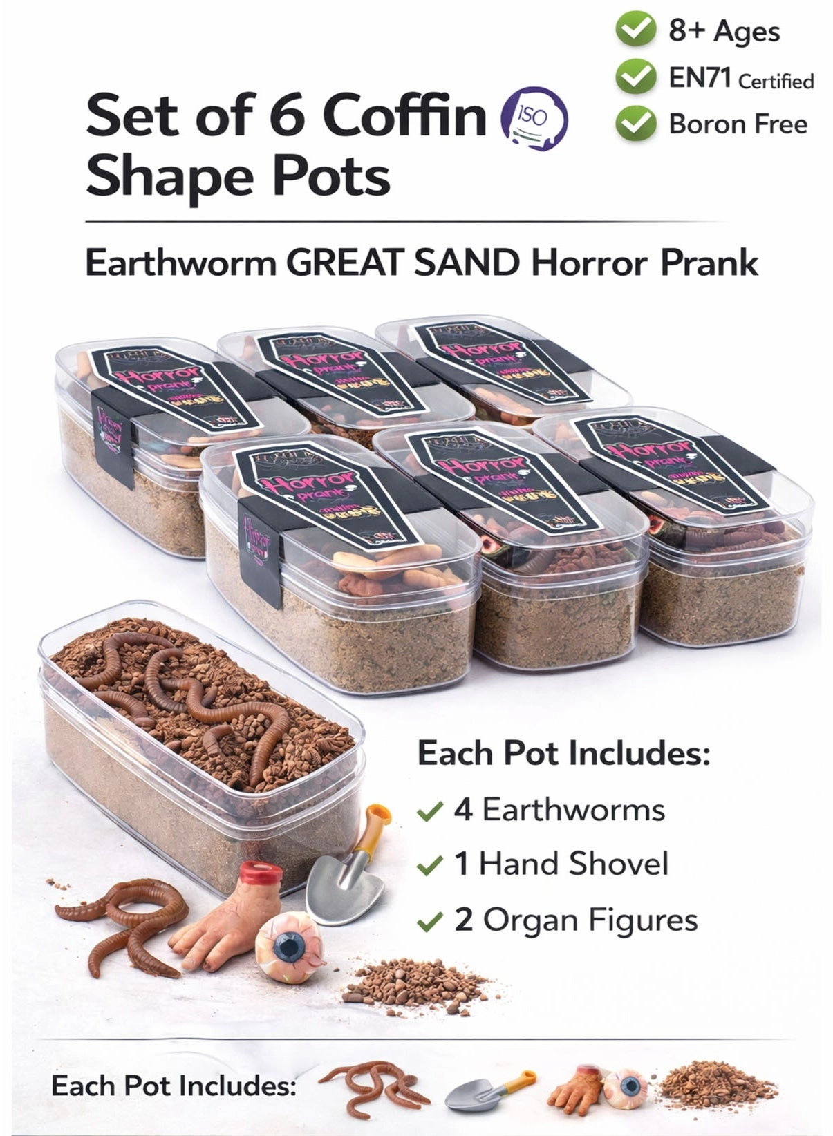 GREAT Sand Set of 6 Coffin Shape Pots - 4 Earthworms EN71 Certified