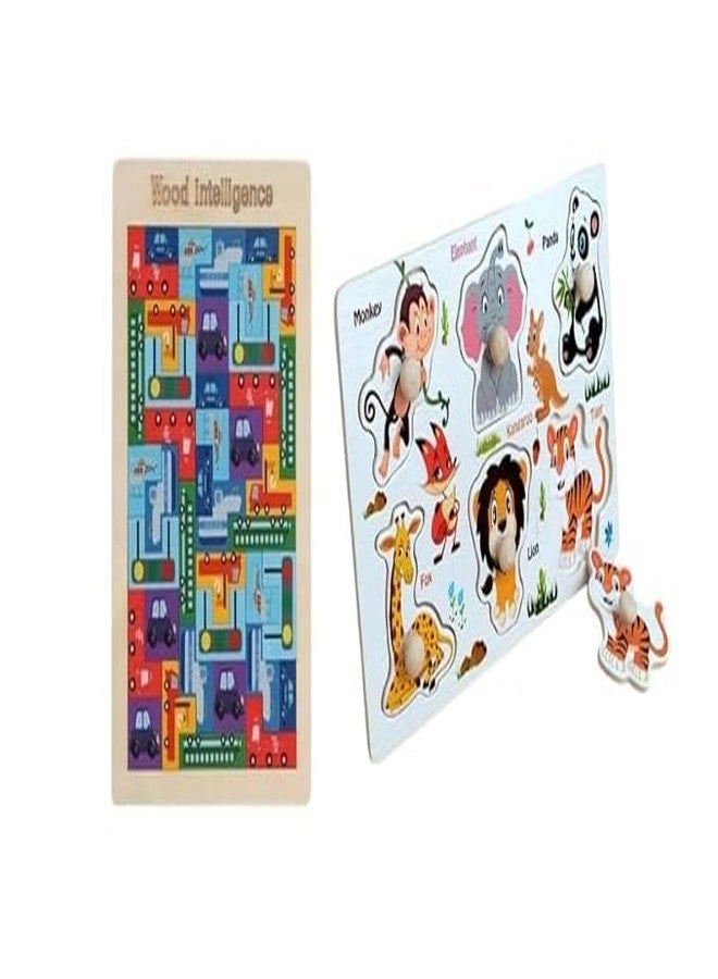 NEKSTY Wooden Traffic and Animals Pegged Knob Toy - 2 years+ 18 pieces Combo