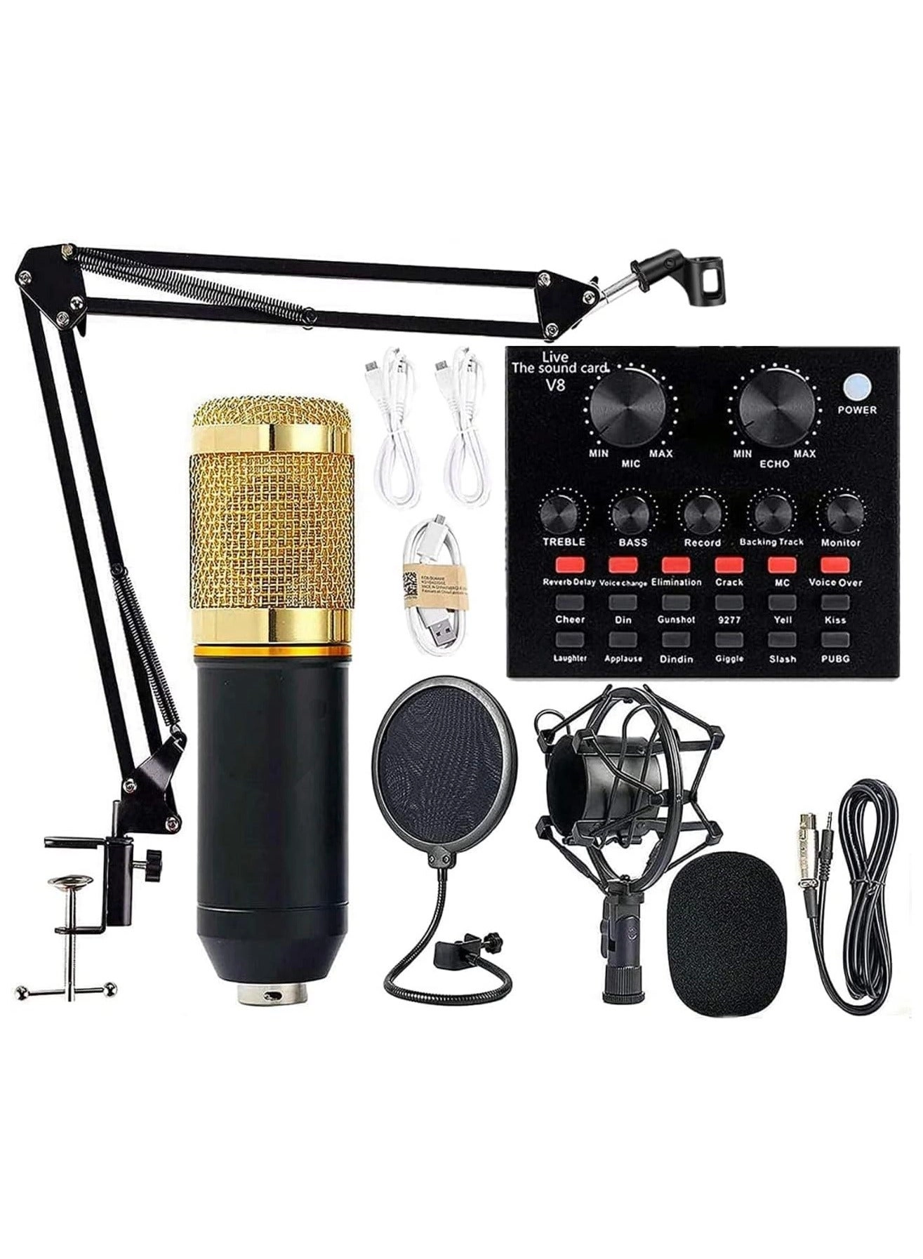 Condenser Microphone + V8S Live Sound Card Wireless+USB+3.5mm-Mini-Jack Microphone