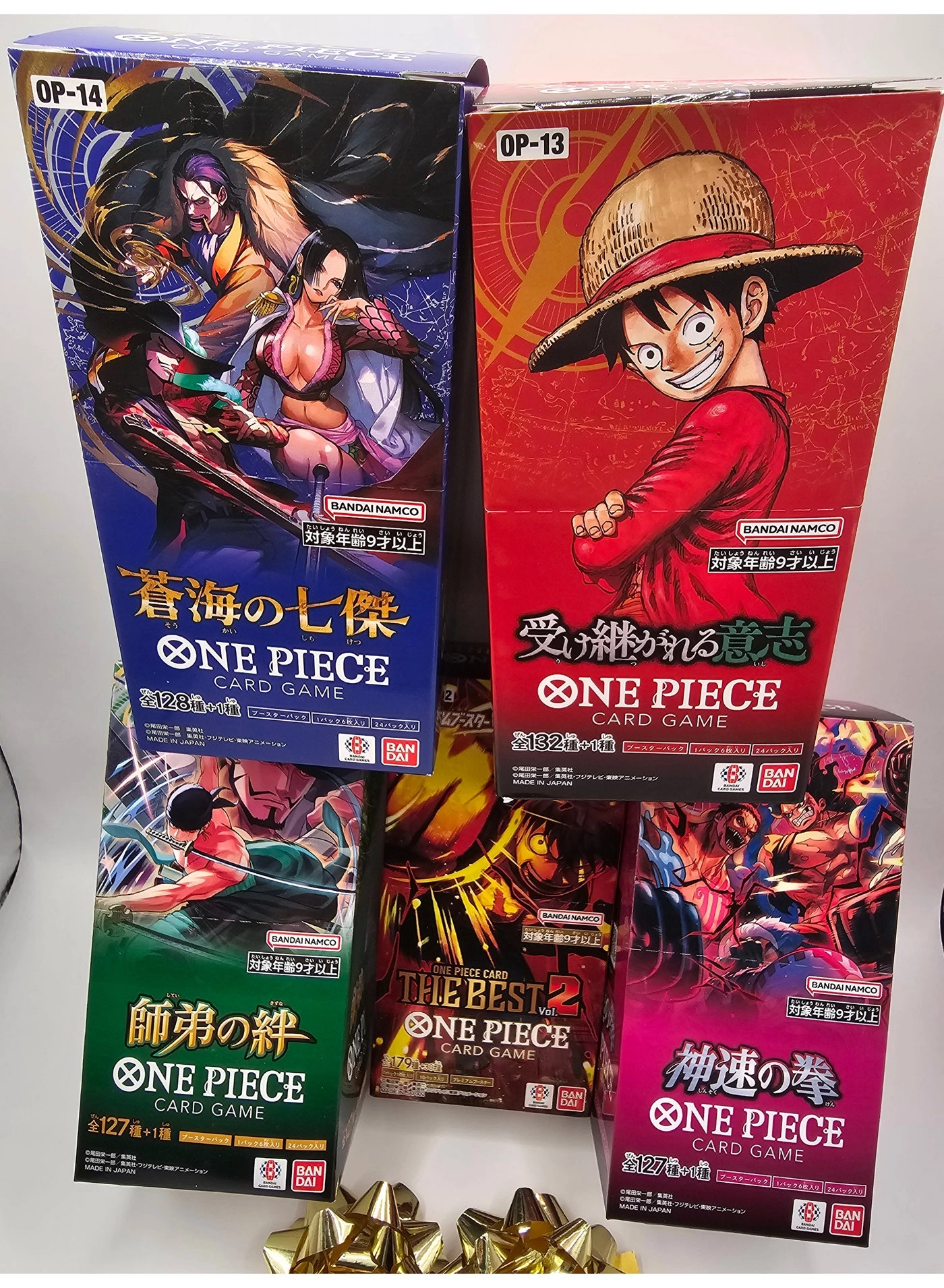 Bandai OP-11 Japanese booster box + OP-12 Japanese booster box + OP-13 Japanese booster box + OP-14 Japanese booster box + PRB-02 Japanese Premium Booster box