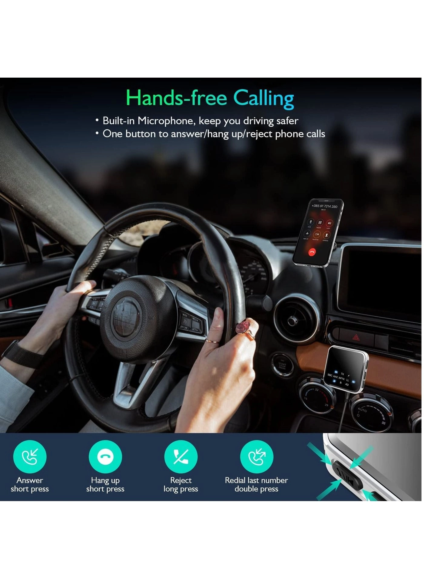 Bluetooth Adapter - 5.0 3.5mm Jack Aux built-in li-ion rechargeable 140mAh battery