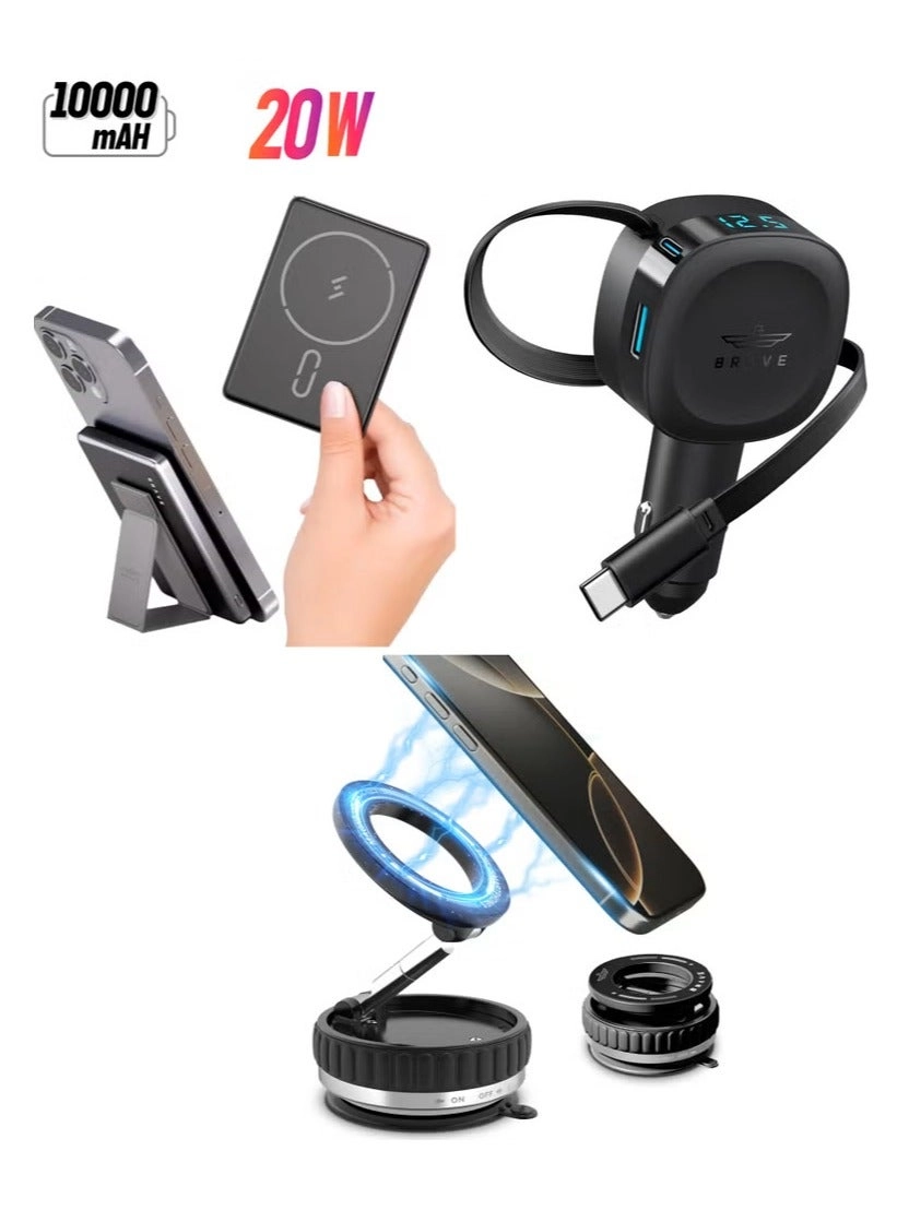 Brave Magnetic Wireless Power Bank - 10,000mAh 20W + Retractable Car Charger - 60W + Fast Charging Adapter - 2 USB-C 1 USB-A + Magnetic Car Phone Holder - MagSafe Compatible