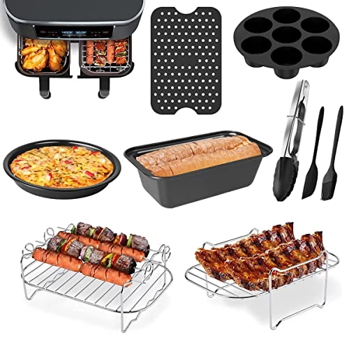 Air Fryer Loaf Pan + Air Fryer Pizza Pan + Steamer Rack + Skewer Rack + Egg Bite + Silicone Mat + Oil Brush + Silicone Spatula + Food Tong - Food-safe Grade Silicone, 304 Stainless Steel 9 piece(s)