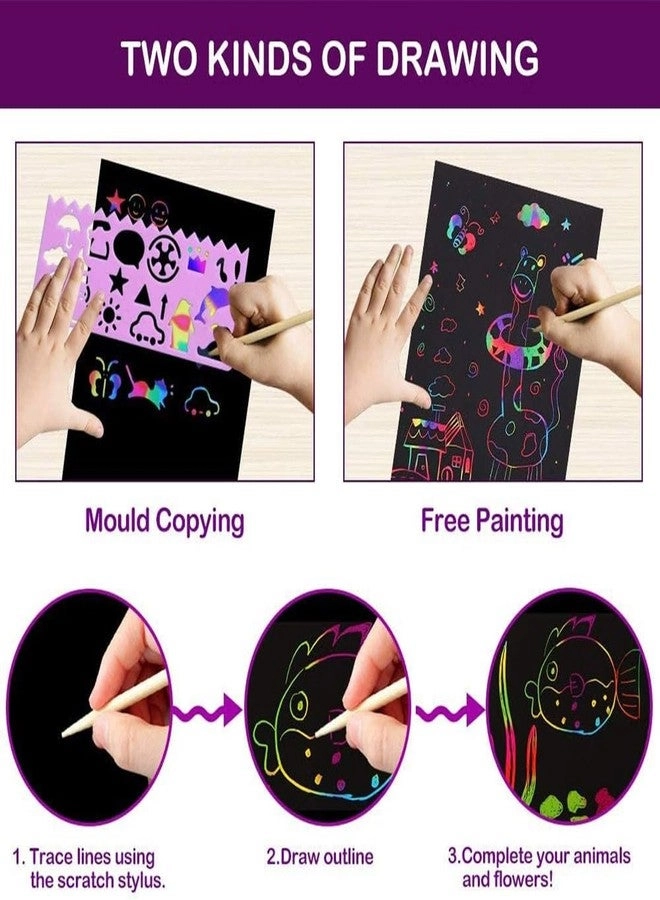 Rainbow Scratch Gift Set - 20 Scratch Sheets 2 Wooden Stylus Pens 4 Drawing Stencils