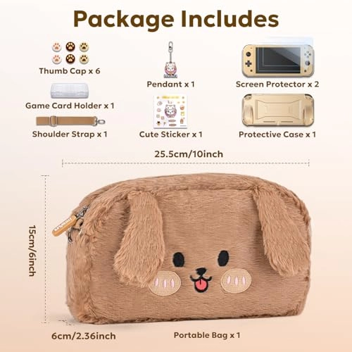 Switch Lite Carrying Case - Brown Dog + Switch Lite Screen Protector + Switch Game Case + Switch Thumb Caps