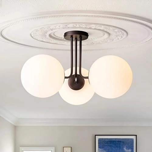 Modern Metal Ceiling Light Hanging Lamp - 3 Light Glass White Globes Golden