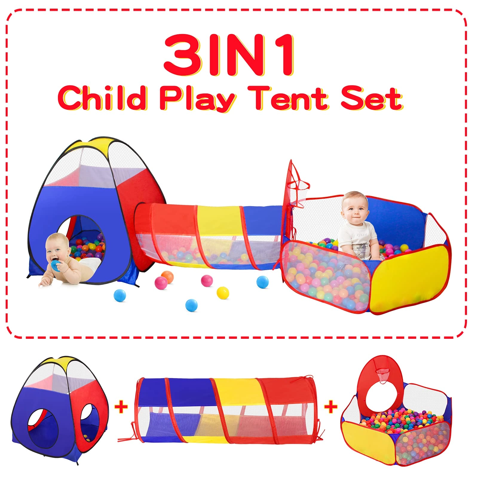 3 in 1 Ball Pit Set - 95 x 80 x 255 centimeters Play Tent