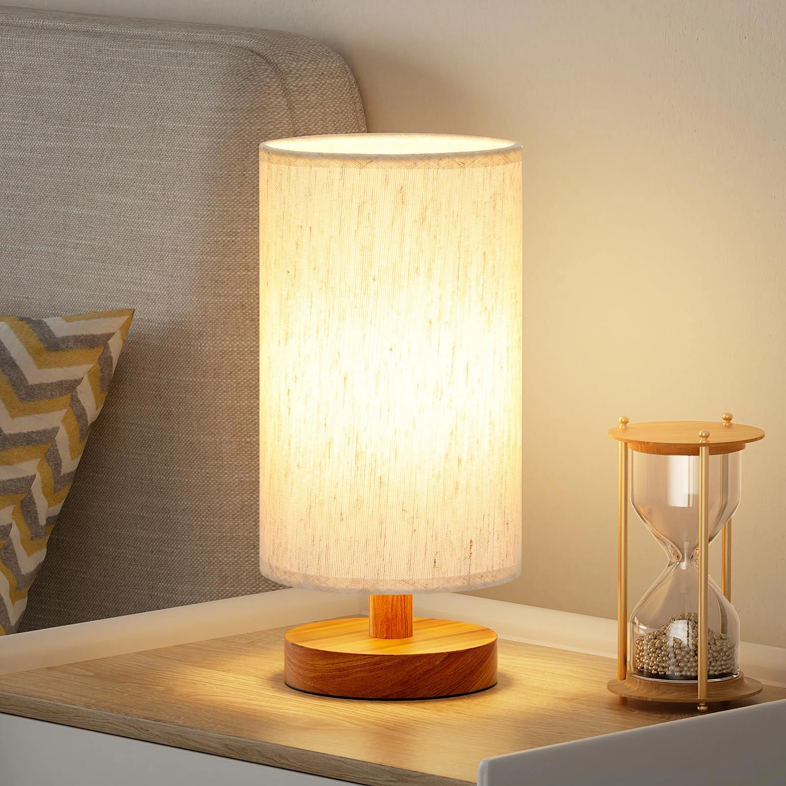 fenmzee Small Table Lamp - 3000K A15 LED Inline Control White Shade Walnut Base