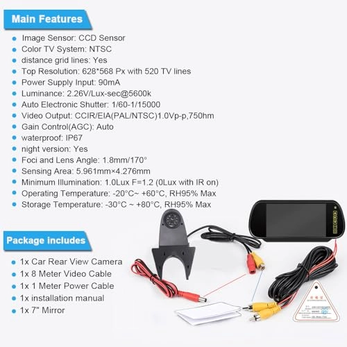 Brake Light Reversing Camera + Rear View Mirror Monitor - Night vision 628 x 586 pixels