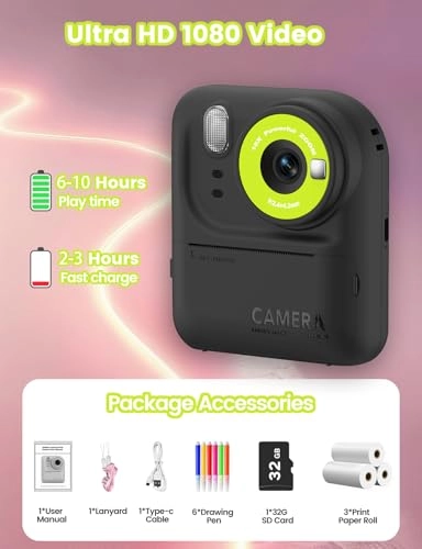 Kids Print Camera - Instant Printing 1080P Videos Red Bundle