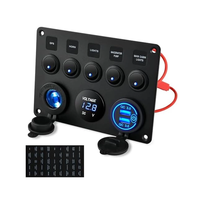 Kohree 5-Gang 12V Rocker Switch Panel - QC 3.0 Dual USB Digital Voltmeter